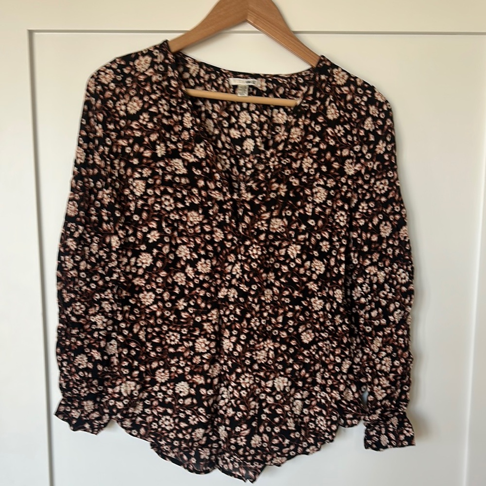 Amuse Society Black and Brown Relaxed Long Sleeve Blouse